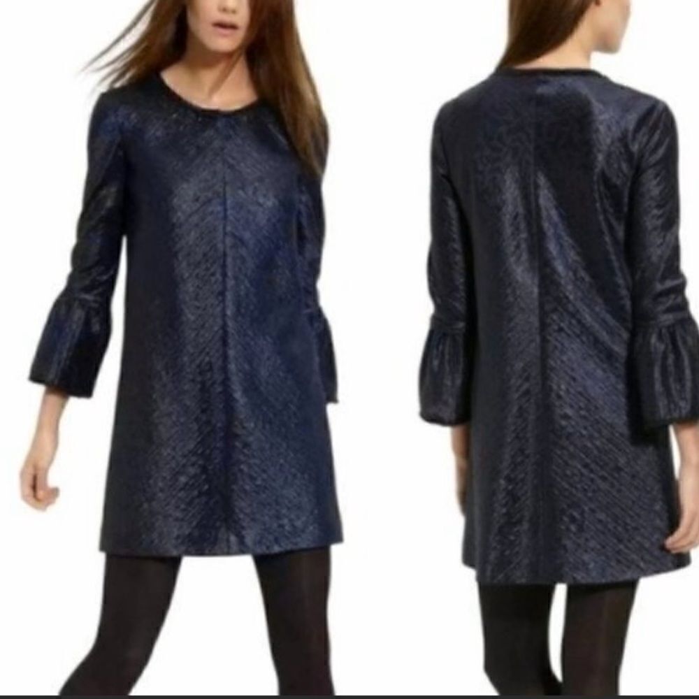 THEORY Mailla Linden Matte Sheen Deep Blue Shift Bell Sleeve Mini Dress US 8